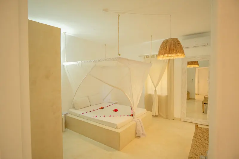 A bedroom with a mosquito net